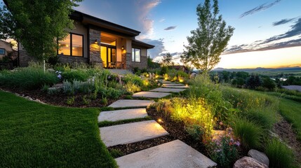 Poster - Front yard with warm LED path lights emphasizing structure and flow of design