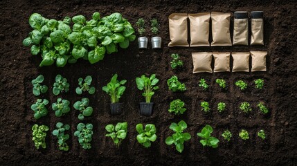 Poster - Gardening essentials and new seedlings neatly arranged on dark garden soil