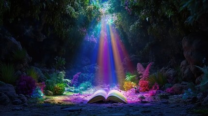 Poster - Open enchanted book radiating magical colorful light beams