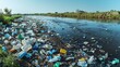 © YUTTAKARN - Extensive plastic waste contaminates the riverbank and water, demonstrating serious environmental pollution harming nature with its trash accumulation in waterway.