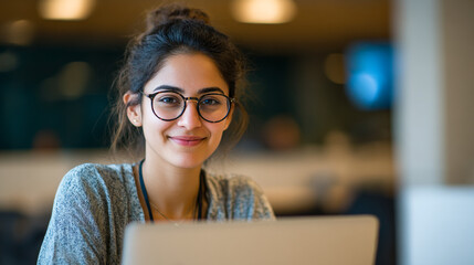 Poster - Portrait of smiling woman working on laptop with glasses in office setting for stock photography use