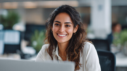 Poster - Portrait of smiling woman at office desk working on computer for business and professional purposes