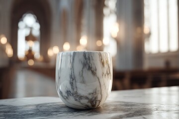 Fototapete - Elegant marble vessel resting on a smooth surface within a cathedral.