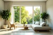 © napak - Serene Living Room with Expansive Window View of Lush Greenery and Sunlight Streaming In