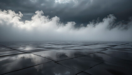 Wall Mural - atmospheric monochrome photo of dark cloudy sky over cracked concrete floor. white fog, mist, smog c
