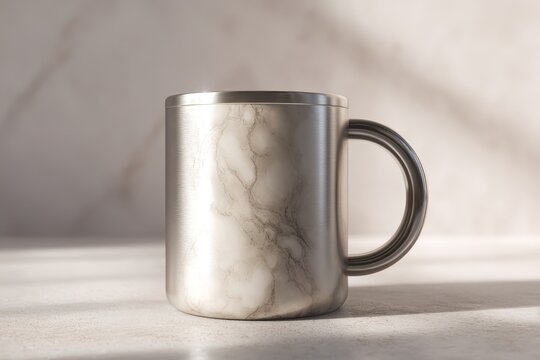 Stainless steel mug with a marble design, in a  setting.
