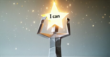 Aufkleber - Paper star atop pole shines brightly. Text reads I can. Background features sparkling night sky, hopeful message.