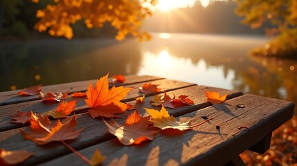 scattered autumn leaves by sunset lake on a rustic wooden table
