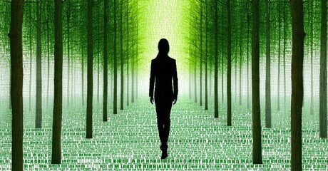 Aufkleber - Silhouette walks toward light within digital forest. Matrixlike code covers ground, trees surround figure. Mysterious, surreal scene.