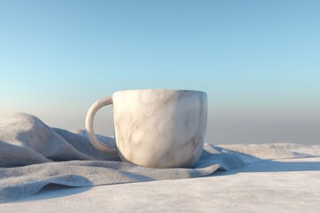 Fototapete - Elegant, marble-patterned mug resting on a fabric surface.
