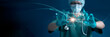 © ipopba - Digital healthcare, Medicine doctor work of electronic medical record on virtual network. DNA. and connected with hologram modern in a biotech lab, medical technology and futuristic concept.