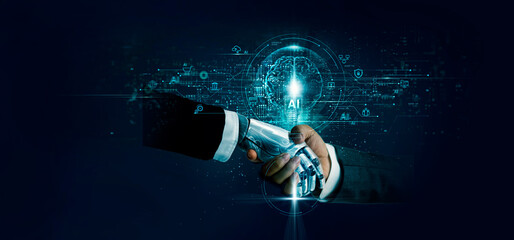 Leinwandbilder - Machine learning, Ai, Partnership of human and Artificial Intelligence for business growth in the future, Data exchange with ai for more accurate business analysis and planning, technology innovation
