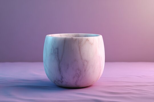 Empty, rounded, marble-patterned, decorative bowl, illuminated by vibrant light.