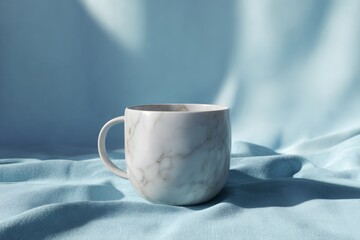 Fototapete - Light-toned marble mug resting on a light blue fabric surface.