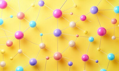 Poster - Colorful molecular structure on bright yellow background showcasing interconnected spheres