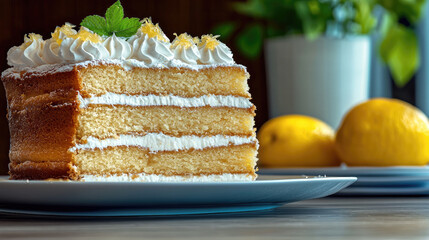 Poster - Lemon cake slice with whipped cream frosting, layered, on plate, fresh, bright, inviting