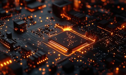 Poster - Glowing microprocessor on circuit board with intricate electronic components and connections