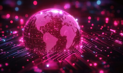 Poster - Digital globe with glowing circuits and pink neon lights representing global connectivity