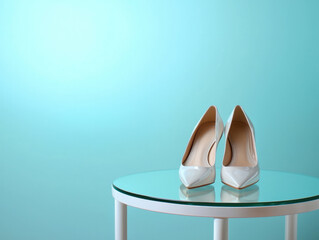 Aufkleber - White high heel shoes on glass table, minimalist style, elegant and modern fashion