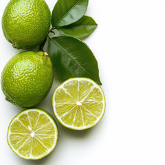 Poster - Fresh lime with leaf, whole and cut lime, juicy citrus fruit, vibrant green color, isolated
