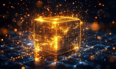 Aufkleber - Glowing digital cube with sparkling particles on futuristic grid background
