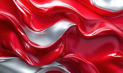 Poster - Glossy red and silver abstract fabric texture with flowing waves and reflections