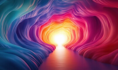 Poster - colorful abstract cave with vibrant hues leading to bright light at the end