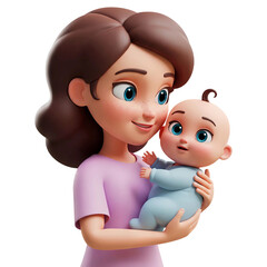 Poster - 3d rendering smiling mother cartoon character with brown hair holding her baby in her arms isolated on transparent background, PNG file add