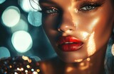 Close-up of a fashion model with bold makeup and sequined dress