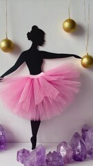 Poster - Ballet dancer silhouette in pink tutu surrounded by gold ornaments and amethyst crystals