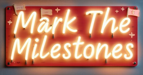 Poster - Bright neon sign displays text. Red background, yellow illumination, plus symbols accent words. Wall mounted, simple design.