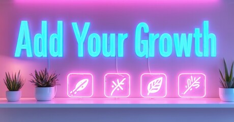 Poster - Neon sign displays Add Your Growth. Plants sit below, illuminated by pink, blue light. Minimalist design, inspiring message.