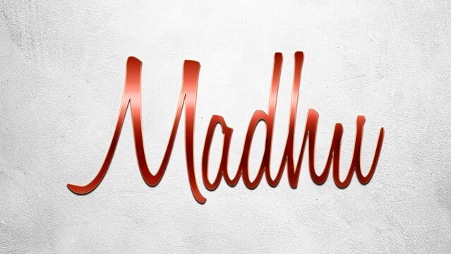 Red 3D text effect of Hindi name Madhu on silver background.