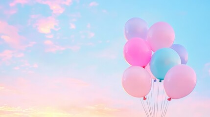 Wall Mural - pastel balloons in sky: a cluster of pastel-colored balloons floats against a serene, sunset sky, cr