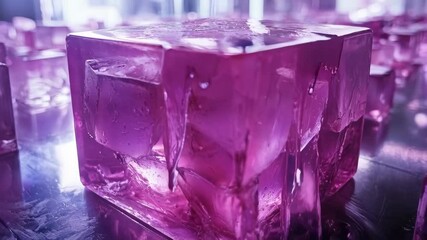 Wall Mural - A close-up view of crystal clear purple ice cubes melting, showcasing their intricate textures and reflections.
