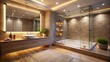 © Kitiphong - Modern bathroom with a large shower, bathtub, and mirror, illuminated by soft nighttime lighting