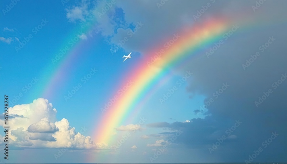 Spectacular rainbow arcing across a vibrant blue sky, with a plane ...