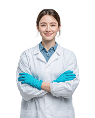 Poster - Confident Female Scientist in Lab Coat with Blue Gloves Arms Crossed Smiling Portrait isolated on transparent background