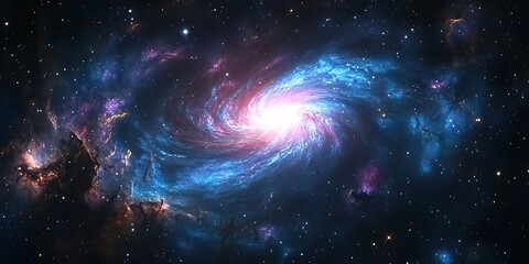 A glowing nebula cloud swirling in vivid blues and purples, illuminated by radiant starlight.