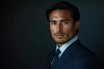 Poster - A handsome man in a dark blue suit, serious expression, close-up portrait.