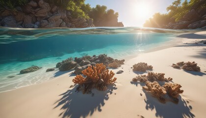 crystal clear water, sunbeams illuminate coral & sand, sunlight, ocean, texture