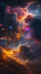 Wall Mural - Cinematic view of deep space clouds with sparkling clusters and colorful ionized gases.