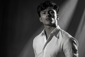 Poster - A young man with dark hair and a serious expression, wearing a crisp white shirt, is dramatically lit.