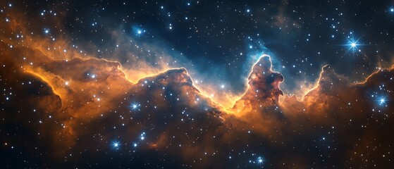 Cinematic view of deep space clouds with sparkling clusters and colorful ionized gases.