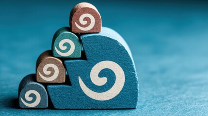 Poster - Stack of wooden blocks arranged neatly against a bright blue background highlighting their unique shapes and textures