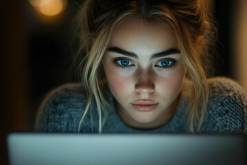 Poster - A young woman with blue eyes intensely focused on her laptop screen in a dimly lit room.