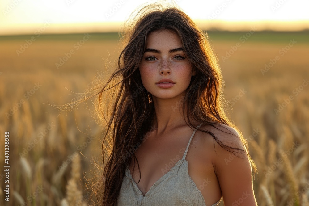 A young woman with long brown hair stands in a golden wheat field at ...