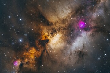 Wall Mural - Cinematic view of deep space clouds with sparkling clusters and colorful ionized gases.