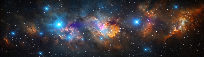 Wall Mural - Cinematic view of deep space clouds with sparkling clusters and colorful ionized gases.