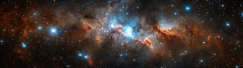 Wall Mural - Cinematic view of deep space clouds with sparkling clusters and colorful ionized gases.